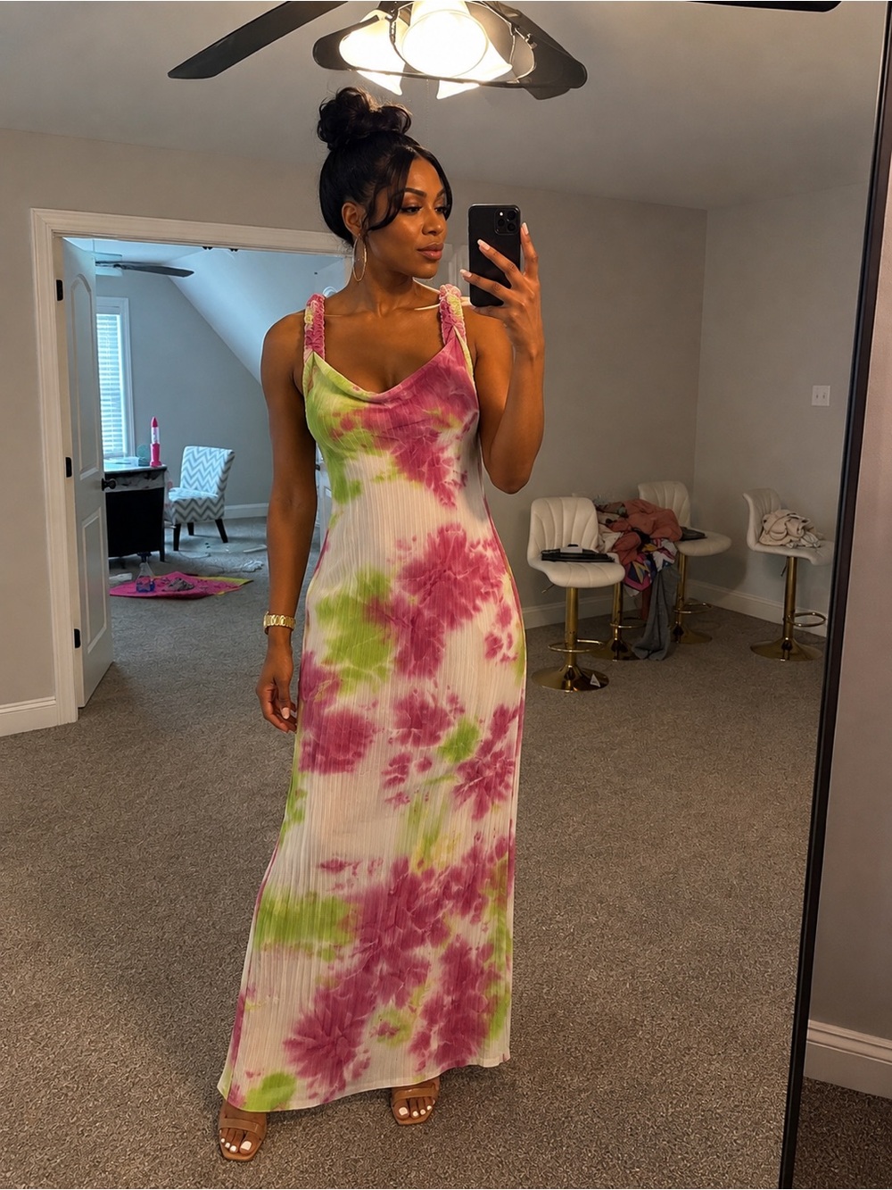 Haute Monde Pink & Green Tie-Dye Maxi Dress with Braided Straps